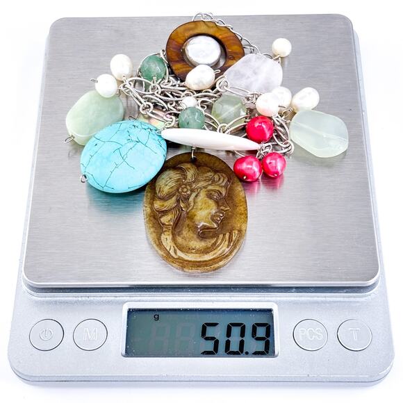 Vintage Sterling Silver 925 Turquoise Pearl Cameo Charm Necklace 17”-19” - Picture 5 of 6